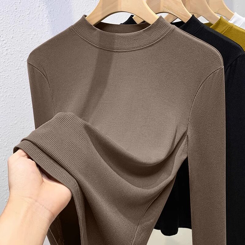 半高领打底衫女春秋新款修身内搭长袖T恤大尺码显瘦高级感中领上