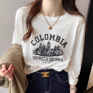 棉质圆领长袖t恤女春秋新款宽松内搭白色打底衫奢华大牌高端1231r