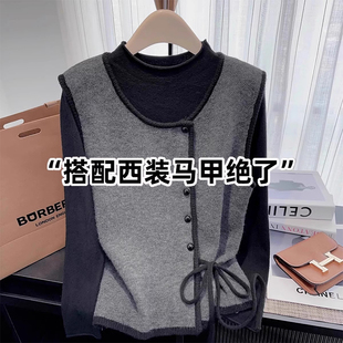 半高领黑色打底衫女春秋2025超火两件套设计感内搭叠穿针织衫马甲