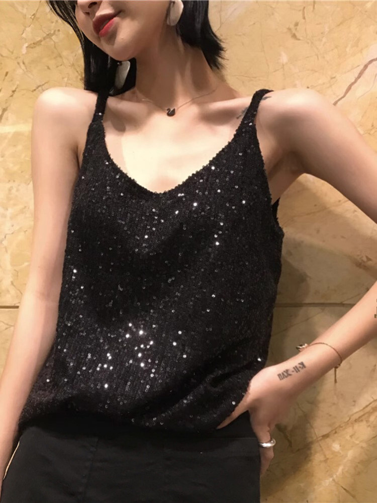 闪闪亮片吊带背心女V领黑色时尚洋气无袖上衣打底衫配小西装内搭,女装/女士精品,背心吊带,淘宝优惠券,粉丝福利购,淘宝优惠卷
