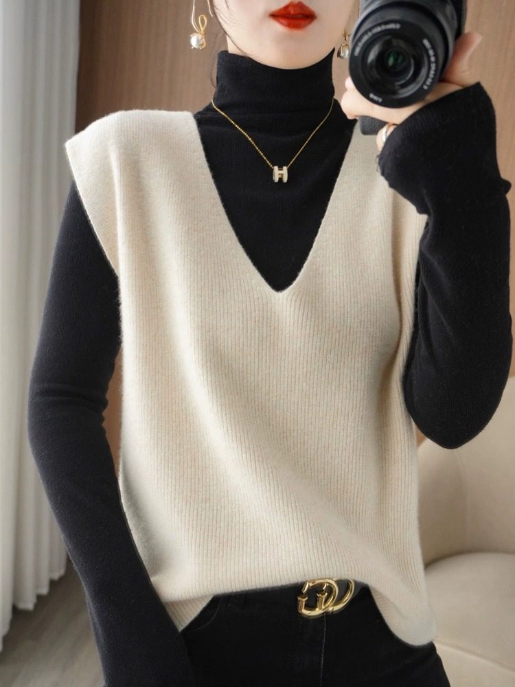 欧货气质简约V领针织马甲背心女秋冬配高领打底衫的毛衣马夹背心