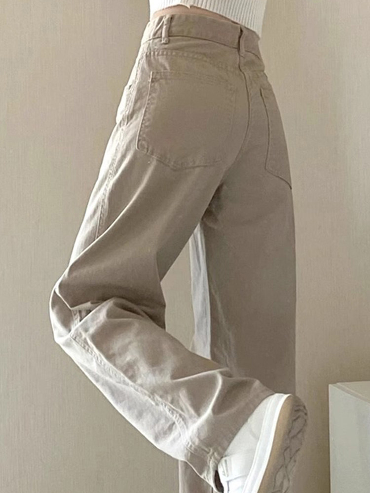 卡其色直筒牛仔裤女春秋高腰显瘦休闲百搭小个子垂感窄版阔腿裤