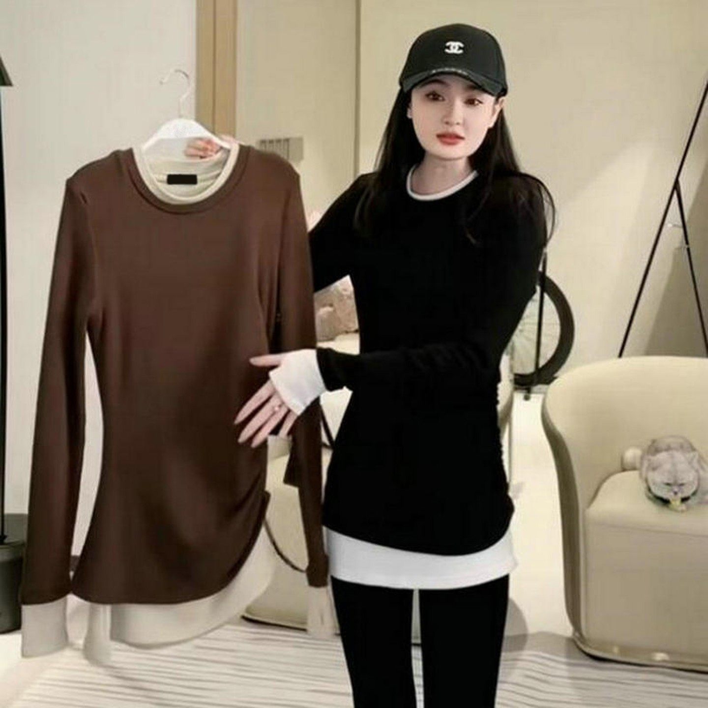 欧货假两件磨毛长袖T恤女秋冬内搭打底衫中长款配鲨鱼裤的上衣,女装/女士精品,T恤,淘宝优惠券,粉丝福利购,淘宝优惠卷