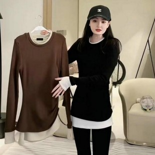 欧货假两件磨毛长袖T恤女秋冬内搭打底衫中长款配鲨鱼裤的上衣