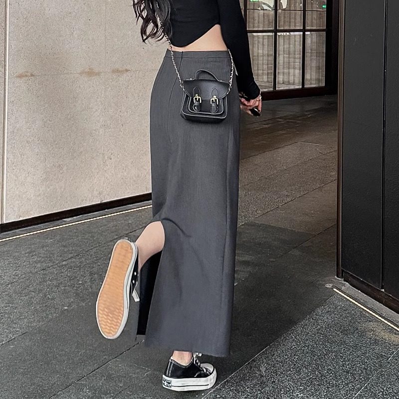 灰色西装半身裙女春秋薄款高腰开叉直筒裙气质休闲中长款包臀长裙,女装/女士精品,半身裙,淘宝优惠券,粉丝福利购,淘宝优惠卷