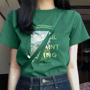 正肩上衣纯棉半袖 新款 多巴胺穿搭 t恤女夏季 高端大牌墨绿色短袖