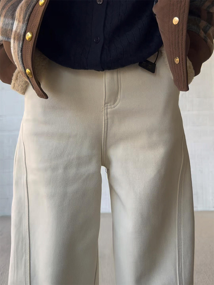 米白色弯刀裤女阔腿牛仔裤秋冬加绒高腰梨型身材直筒宽松拖地裤,户外/登山/野营/旅行用品,速干T恤,淘宝优惠券,粉丝福利购,淘宝优惠卷