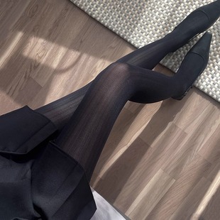 加长黑色丝袜女春秋季极简竖条纹气质打底裤袜微透大码灰色连裤袜