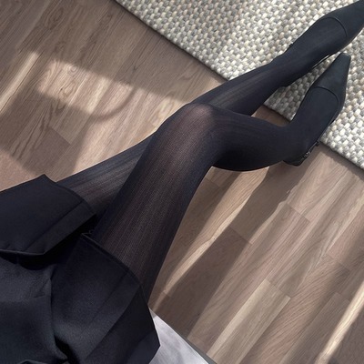 加长黑色丝袜女春秋季极简竖条纹气质打底裤袜微透大码灰色连裤袜