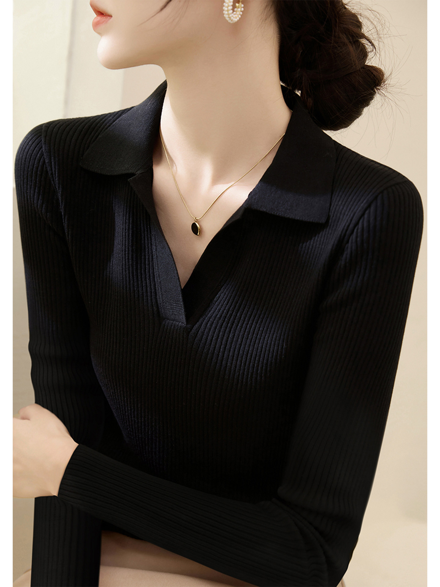 黑色V领针织长袖T恤早秋女装2025新款内搭打底衫翻领POLO衫上衣