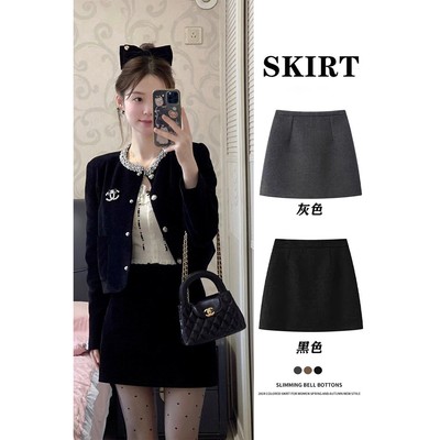 黑色毛呢半身裙女秋冬高腰显瘦a字短裙配裤袜打底裙小个子包臀裙