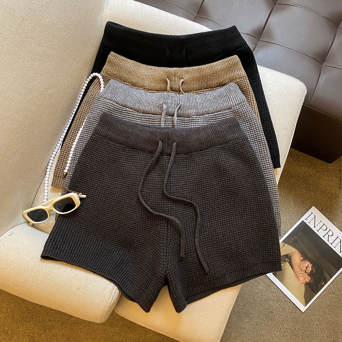 华夫格针织短裤女秋冬新款配靴子高腰显瘦毛线裤直筒a字外穿靴裤,女装/女士精品,休闲裤,淘宝优惠券,粉丝福利购,淘宝优惠卷