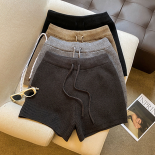 直筒a字外穿靴裤 配靴子高腰显瘦毛线裤 女秋冬新款 华夫格针织短裤