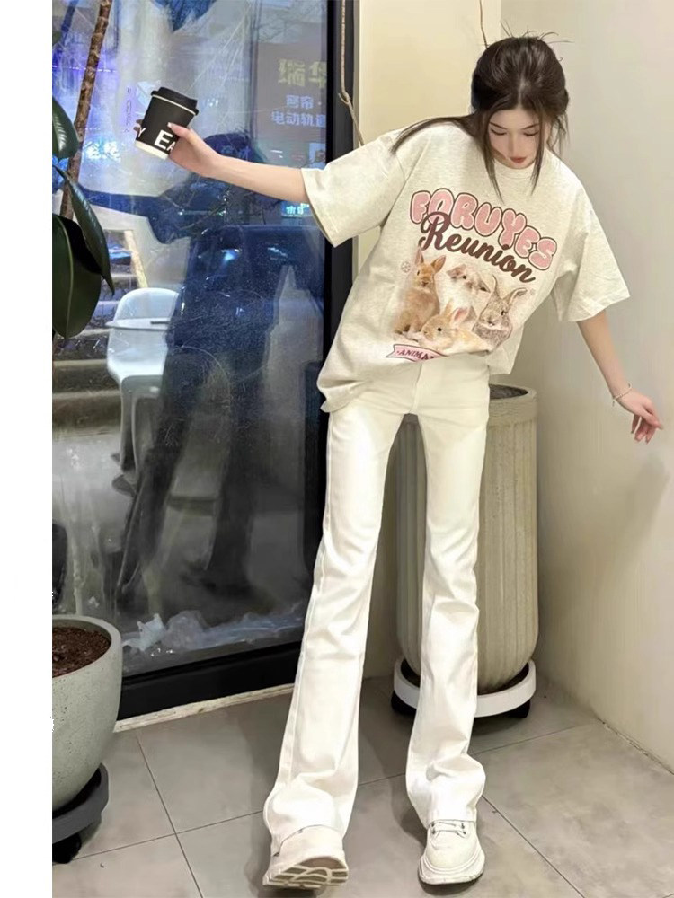 白色微喇叭牛仔裤女春秋新款高腰四面弹修身显瘦休闲拖地裤马蹄裤