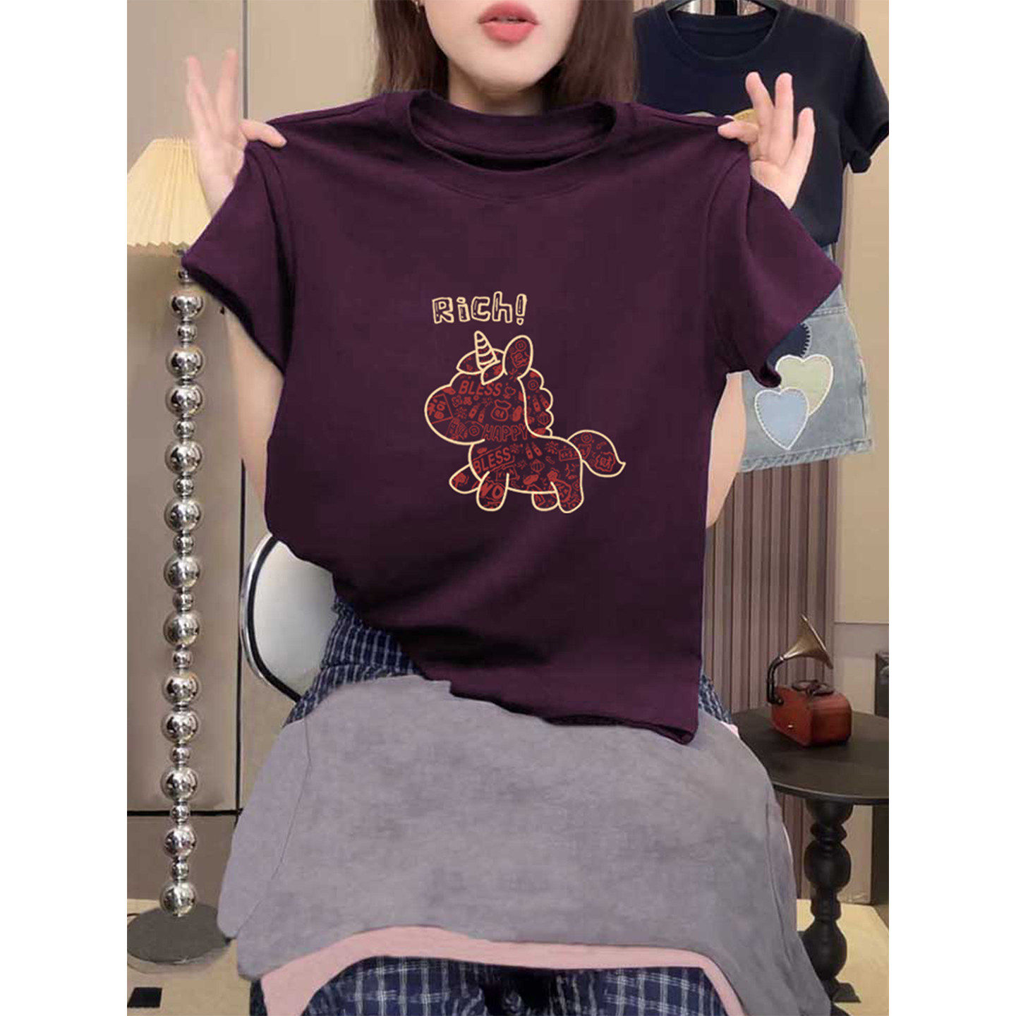 欧货高品质紫色纯棉短袖T恤女2026新款夏季爆款正肩小马印花上衣