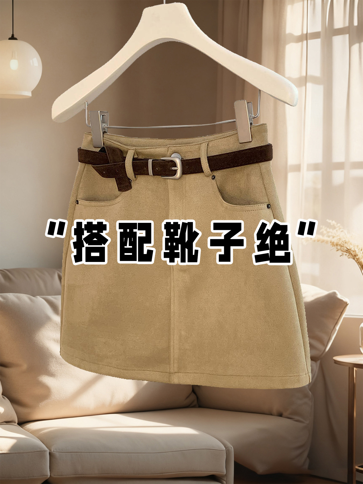 彷麂皮绒卡其色半身裙女短款秋冬配靴子高腰显瘦气质百搭a字短裙