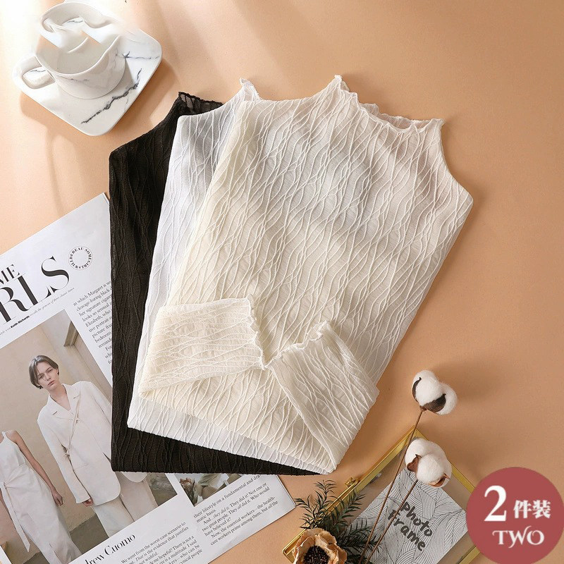 2件装半高领蕾丝打底衫女春秋毛衣内搭白色网纱小衫洋气百搭上衣