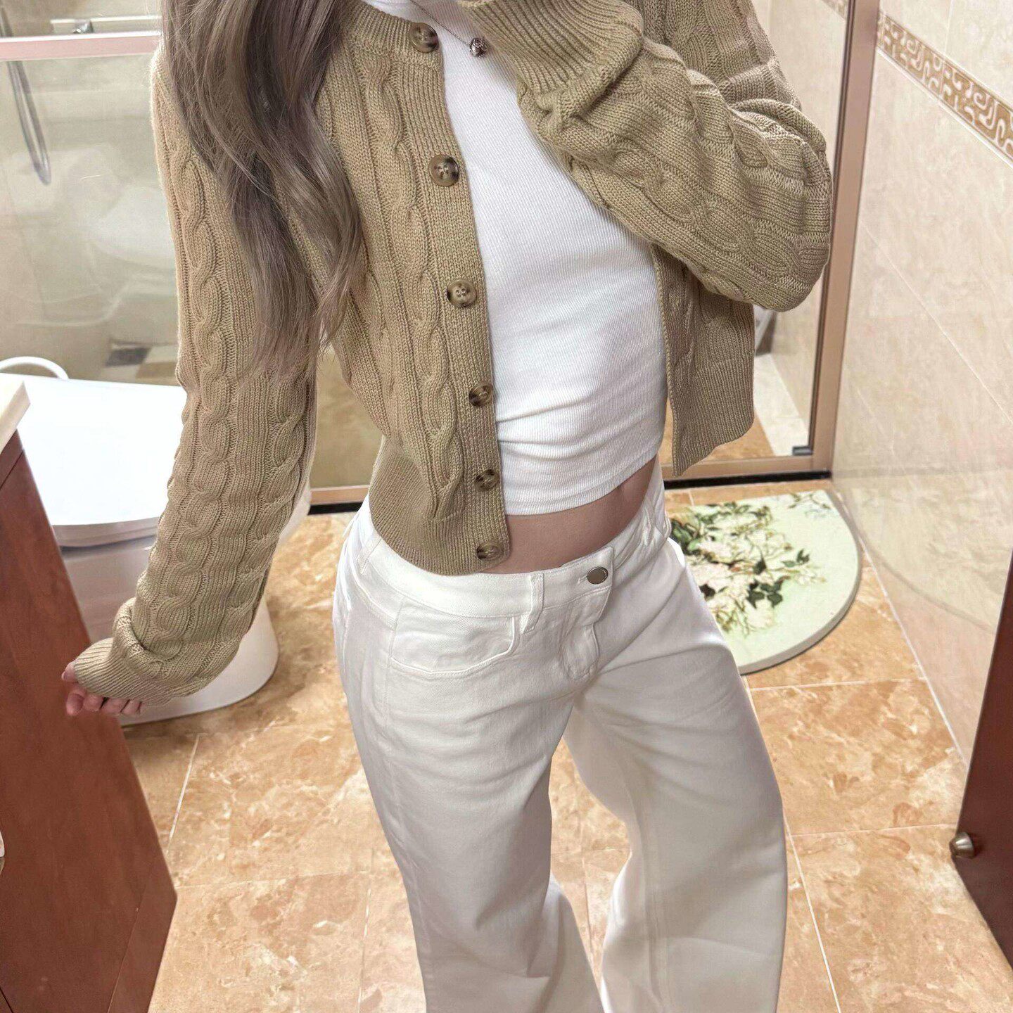 卡其色麻花针织开衫外套女春秋季韩系高级感穿搭毛衣修身短款上衣