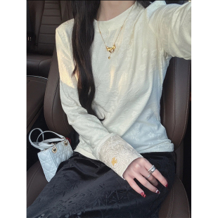 口刺绣牡丹花打底衫 T恤女春秋内搭复古袖 上衣 国风提花长袖 新中式