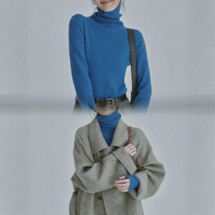 克莱因蓝高领打底衫女秋冬美拉蓝不起球毛衣内搭修身堆堆领针织衫