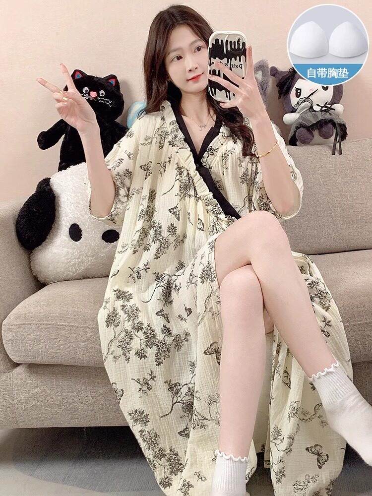 带胸垫睡袍女款夏季高级感短袖睡裙夏天和服式浴袍女士睡衣家居服