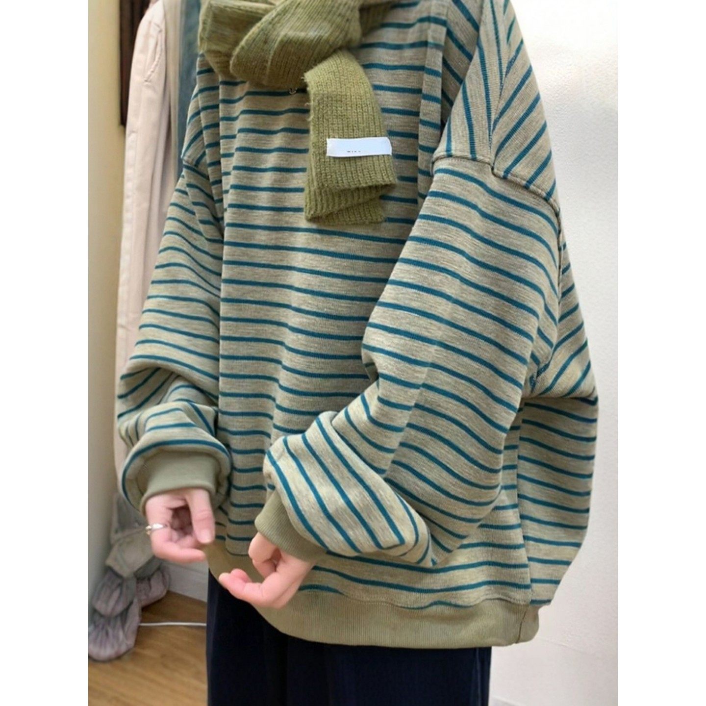 绿色无帽条纹加绒卫衣女秋冬新款慵懒oversize遮肉百搭上衣韩系