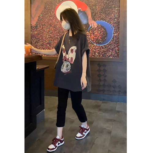 中长版短袖T恤女夏季新款宽松蝴蝶印花T恤时尚休闲 百搭半袖上衣