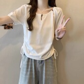 微胖mm设计感泡泡袖 大尺码 串珠抽绳上衣 t恤女夏季 不规则正肩短袖