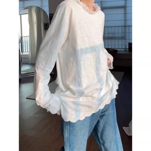 白色蕾丝边打底衫女春秋宽松内搭慵懒风中长款竹节棉长袖t恤上衣