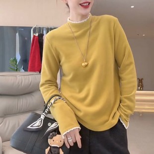 欧货蕾丝花边德绒半高领打底衫女秋冬内搭加绒保暖长袖T恤上衣