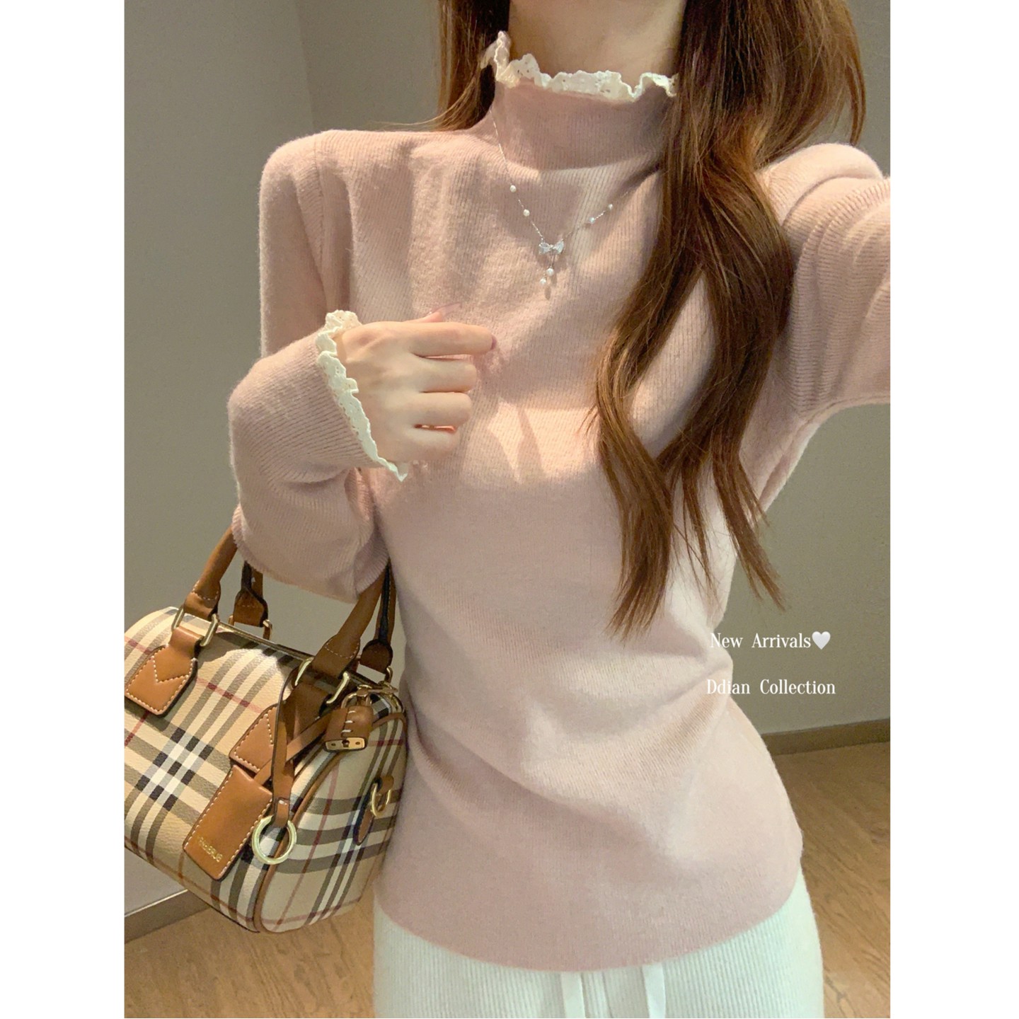 法式蕾丝半高领针织打底衫女秋冬绝美少女感内搭毛衣上衣1206r