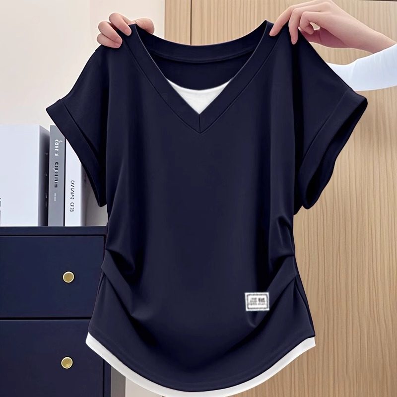 欧货纯棉V领短袖T恤女夏季2025新款洋派时尚显瘦褶皱收腰T恤上衣