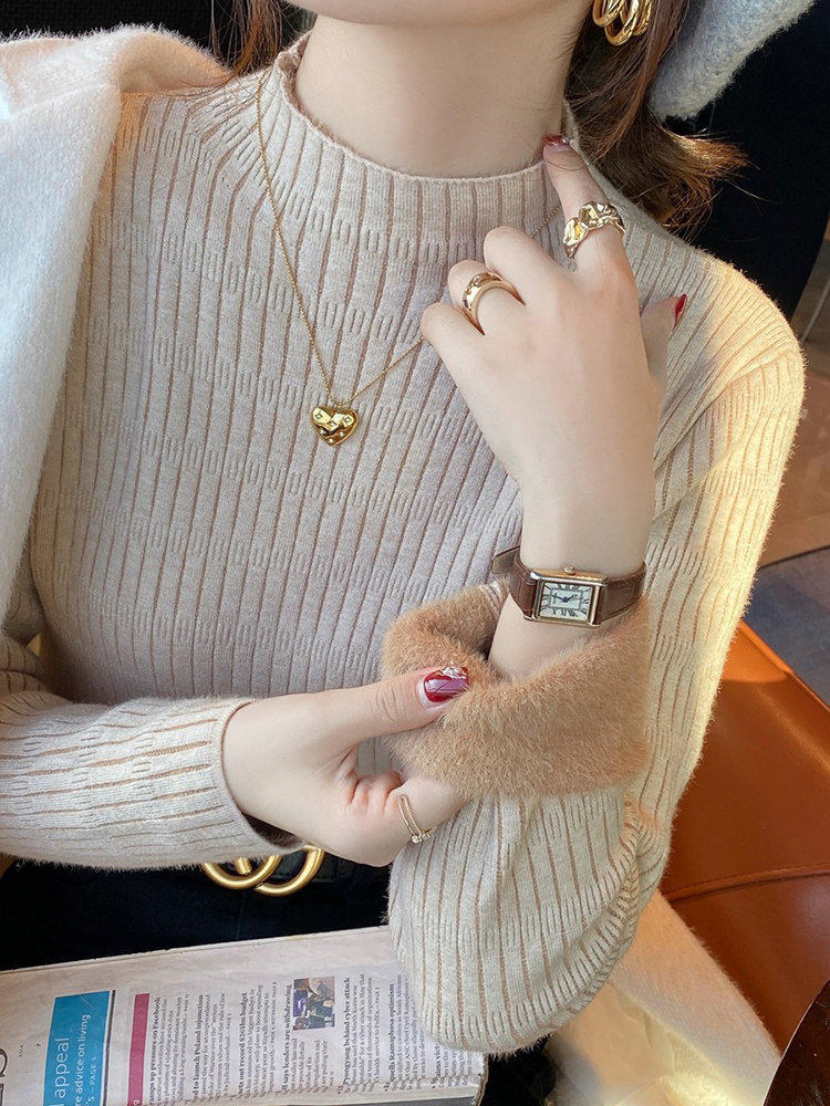 半高领打底衫女秋冬加绒加厚一体绒毛衣洋气保暖内搭针织衫上衣