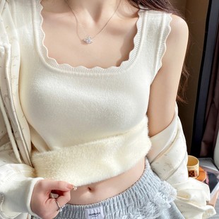 白色加绒背心女秋冬仿水貂绒方领低领打底衫马甲西装内搭保暖背心