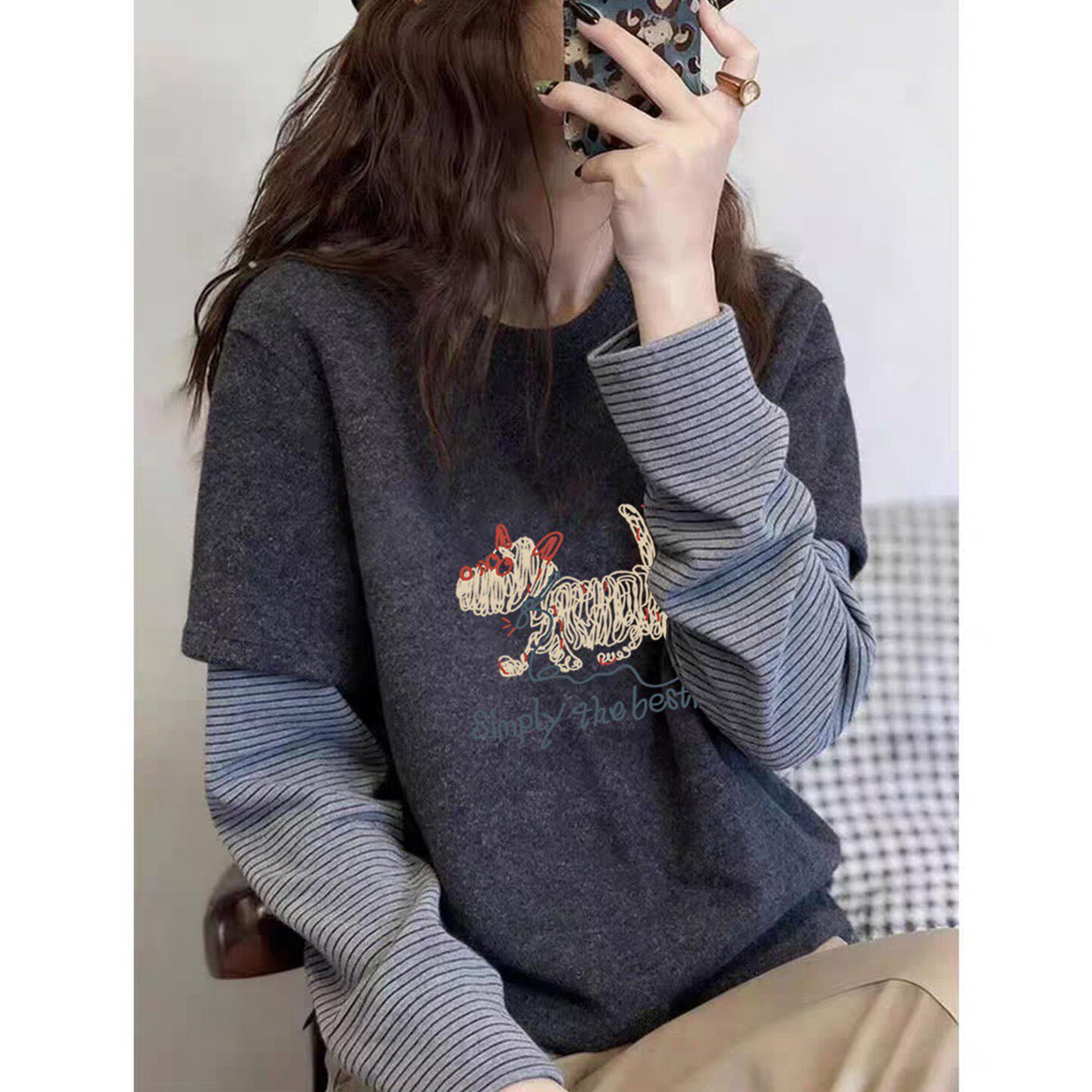 欧货深灰色假两件条纹长袖T恤女2026新款春秋打底衫纯棉磨毛上衣