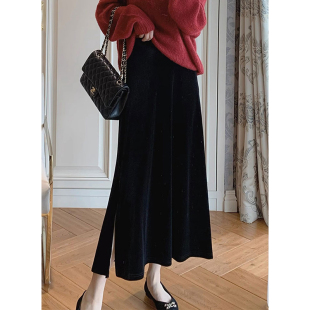 黑色丝绒半身裙女秋冬新款高腰开叉a字裙气质高级感中长款鱼尾裙