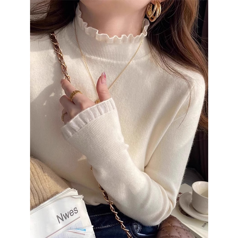 半高领针织衫女秋冬修身蕾丝网纱拼接毛衣内搭打底衫上衣1009c