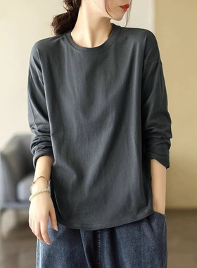 灰色长袖t恤秋新款宽松显瘦大码胖内搭打底衫圆领上衣0115k