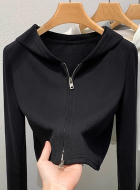 黑色打底衫连帽卫衣女春秋爆款修身短款双头拉链长袖T恤洋气上衣
