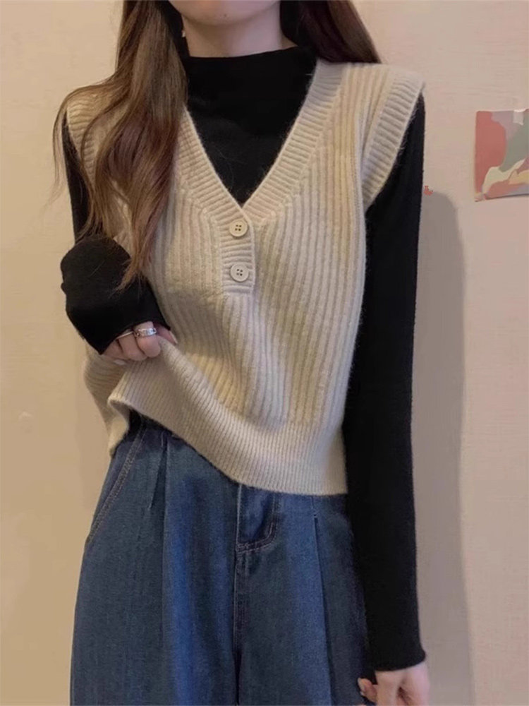 V领短款针织马甲背心女春秋冬配打底衫衬衫叠穿无袖毛衣坎肩马夹
