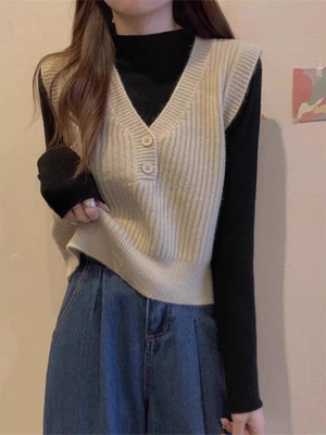 V领短款针织马甲背心女春秋冬配打底衫衬衫叠穿无袖毛衣坎肩马夹