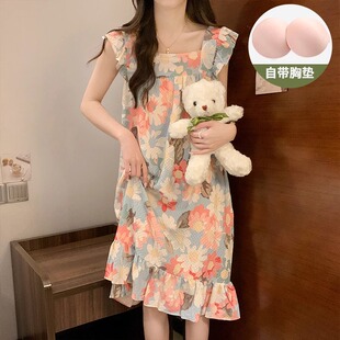 皱布泡泡棉带胸垫吊带睡裙女款 夏天睡衣裙 夏季 花朵甜美风2025新款