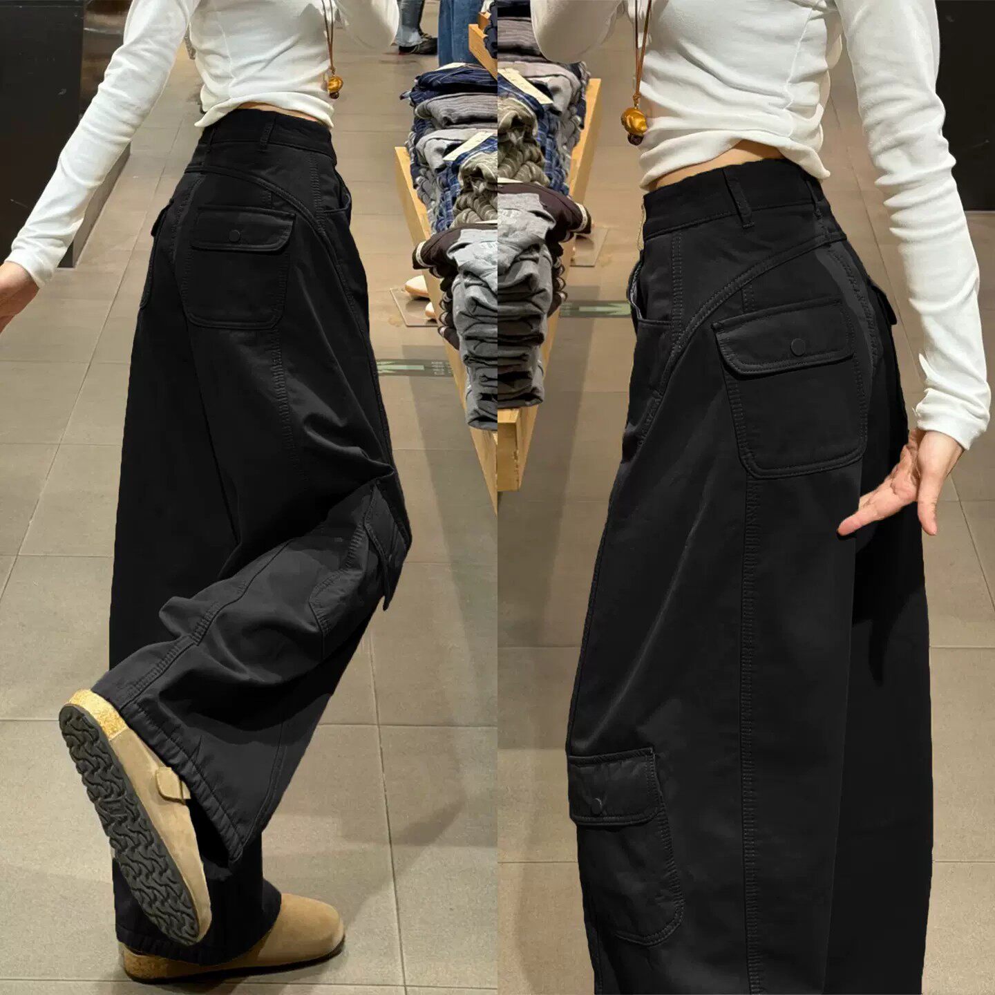 黑色工装裤女春季2026新款酷飒风休闲裤运动高腰多口袋宽松弯刀裤