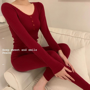 红色保暖内衣女本命年蛇年结婚打底棉毛衫贴身弹力秋衣秋裤套装