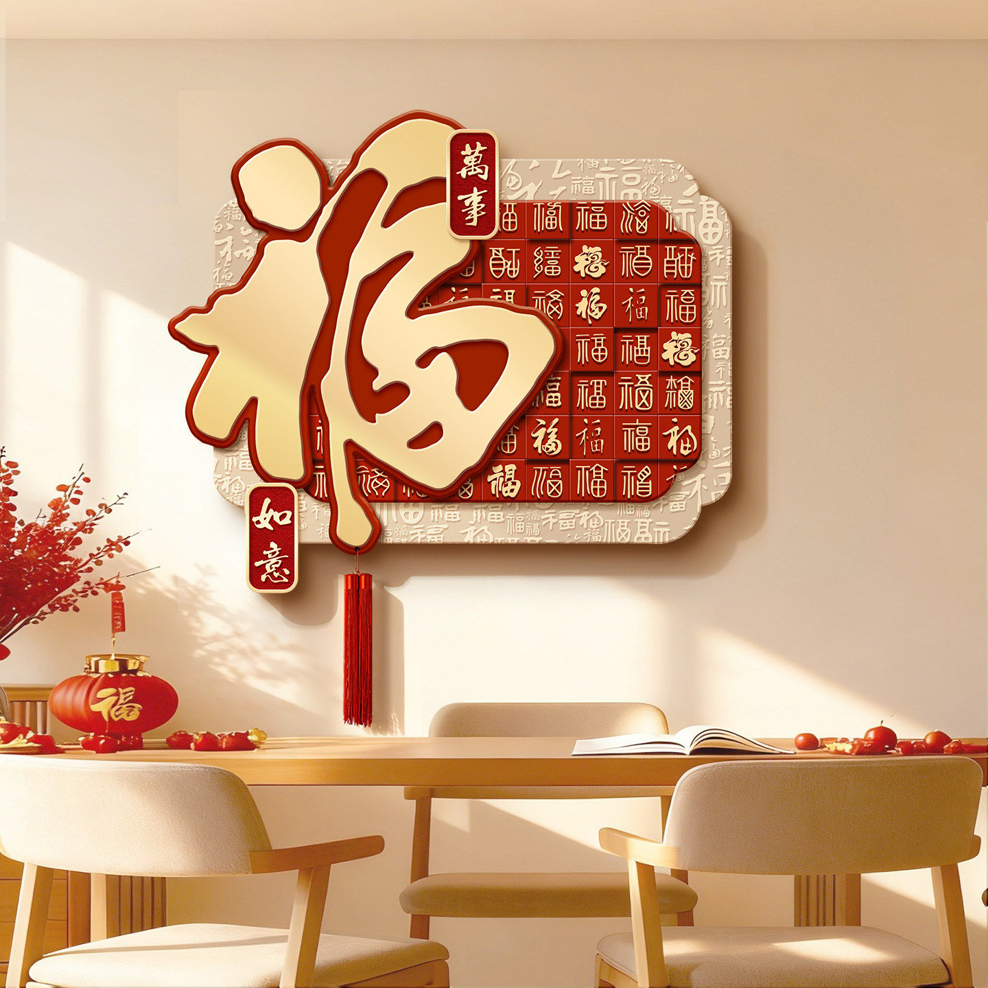 高档百福图饭厅装饰画新年春节福字挂件新中式电视背景墙流苏挂画