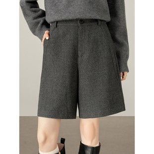 女秋冬新款 裤 配靴子外穿显腿长靴裤 五分西装 高腰中裤 灰色毛呢短裤