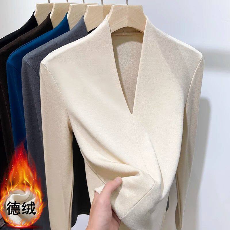双面德绒保暖内衣女冬季修身发热内搭V领打底衫加绒加厚长袖秋衣