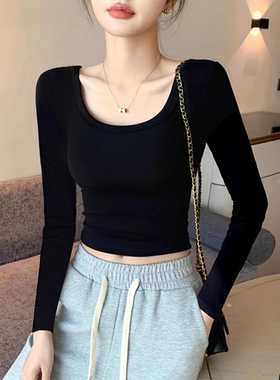 黑色领长袖T恤秋冬新款修身内搭打底衫显瘦高腰短款低领上衣0115k