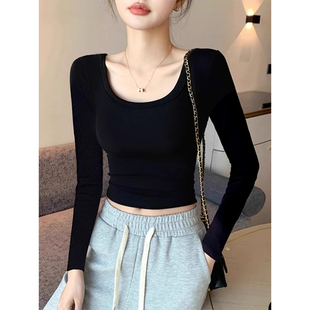 黑色U领长袖T恤女春秋冬新款修身内搭打底衫显瘦高腰短款低领上衣