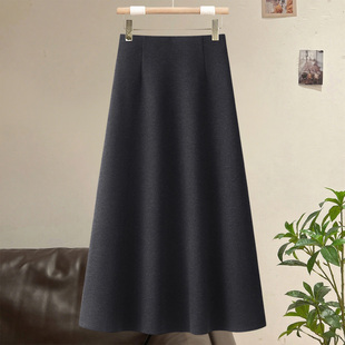 深灰色羊绒半身裙女秋冬新款高腰显瘦a字裙气质中长款毛呢伞裙子
